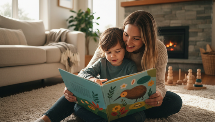 Eye-level view of a preschool child looking through a picture book with a parent