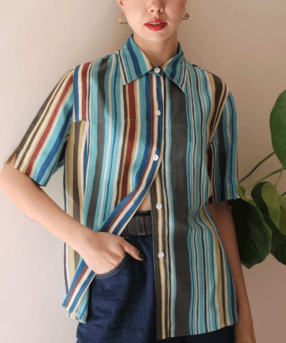 90s Vintage Unisex Silk Shirt in Striped Print - (EU46)