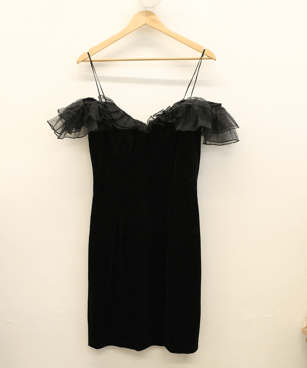 Thumbnail: Vintage Organza Frill Sleeves Velvet Dress - (EU36-38)