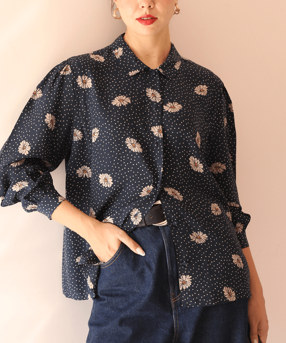 Thumbnail: 90s Navy Blue Silk Floral Blouse- (EU48)