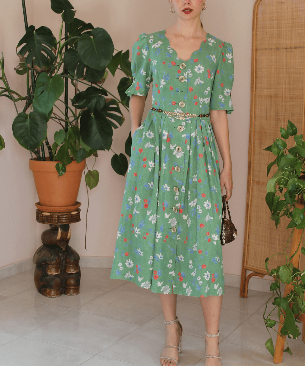 Thumbnail: 90s Austrian Dirndl Green Floral Dress - (EU40)