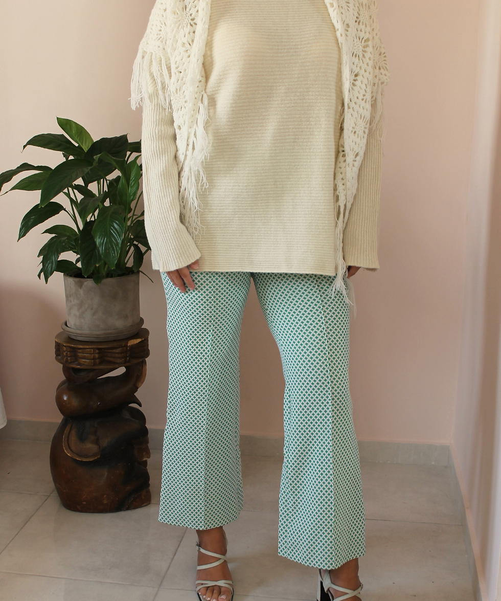 Vintage 70s Flared Pants in Green and White Cross Print