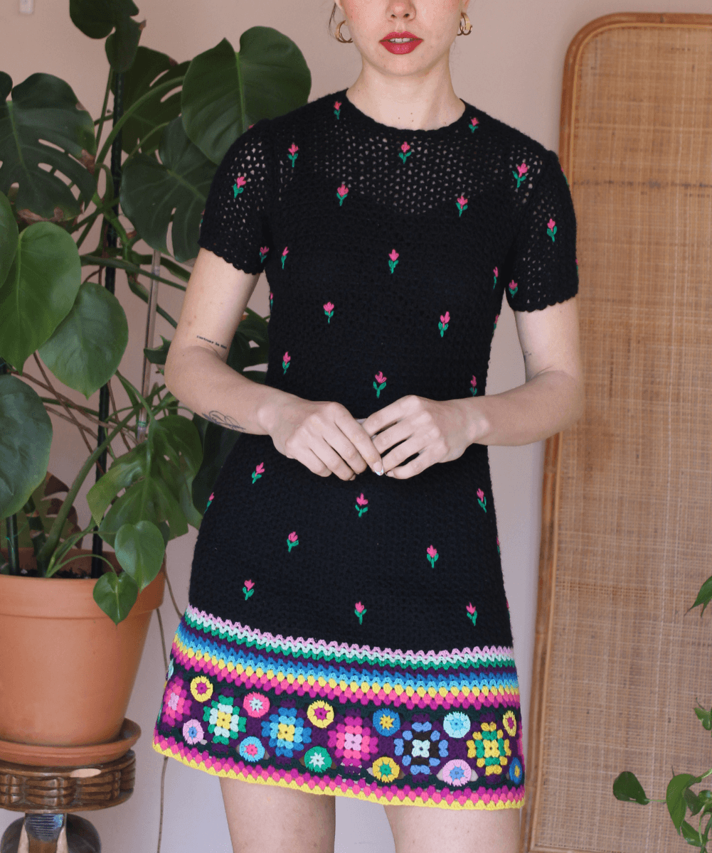 70s Statement Handmade Crochet Dress in Black - (EU36)