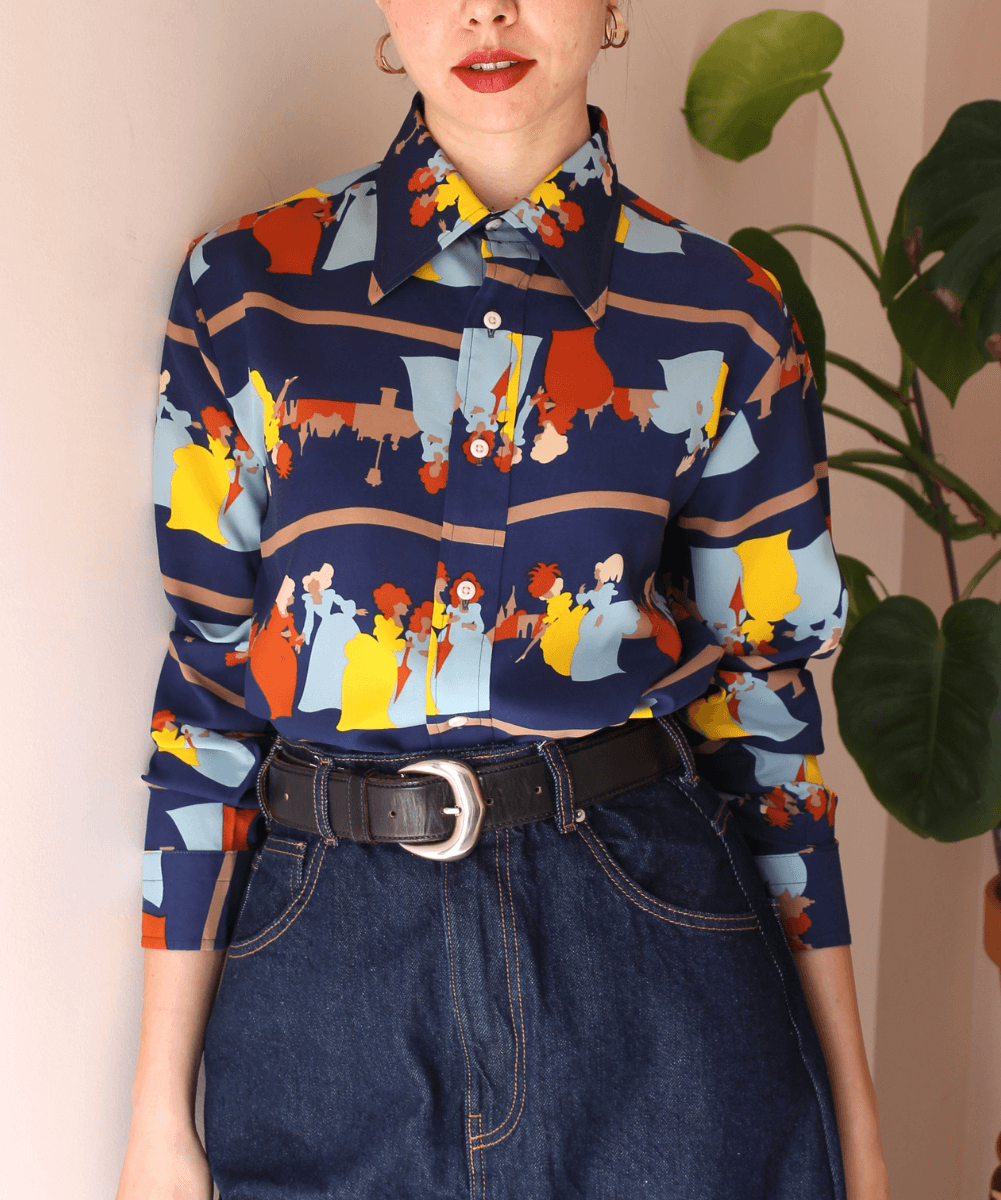 70s Vintage Dagger Collar Statement Shirt in Blue - (EU44)