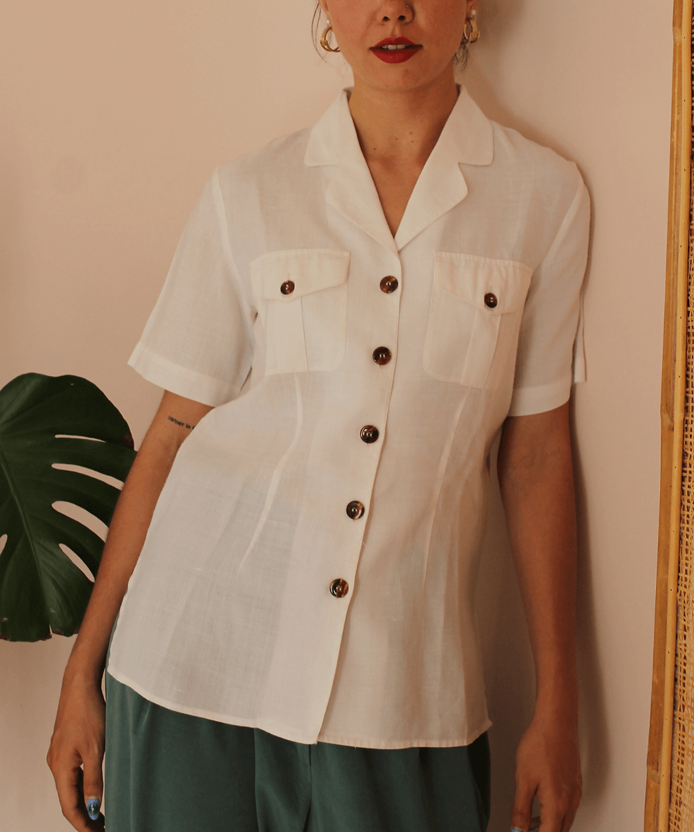 Thumbnail: Vintage Linen Blouse with Amber Buttons - (EU42)