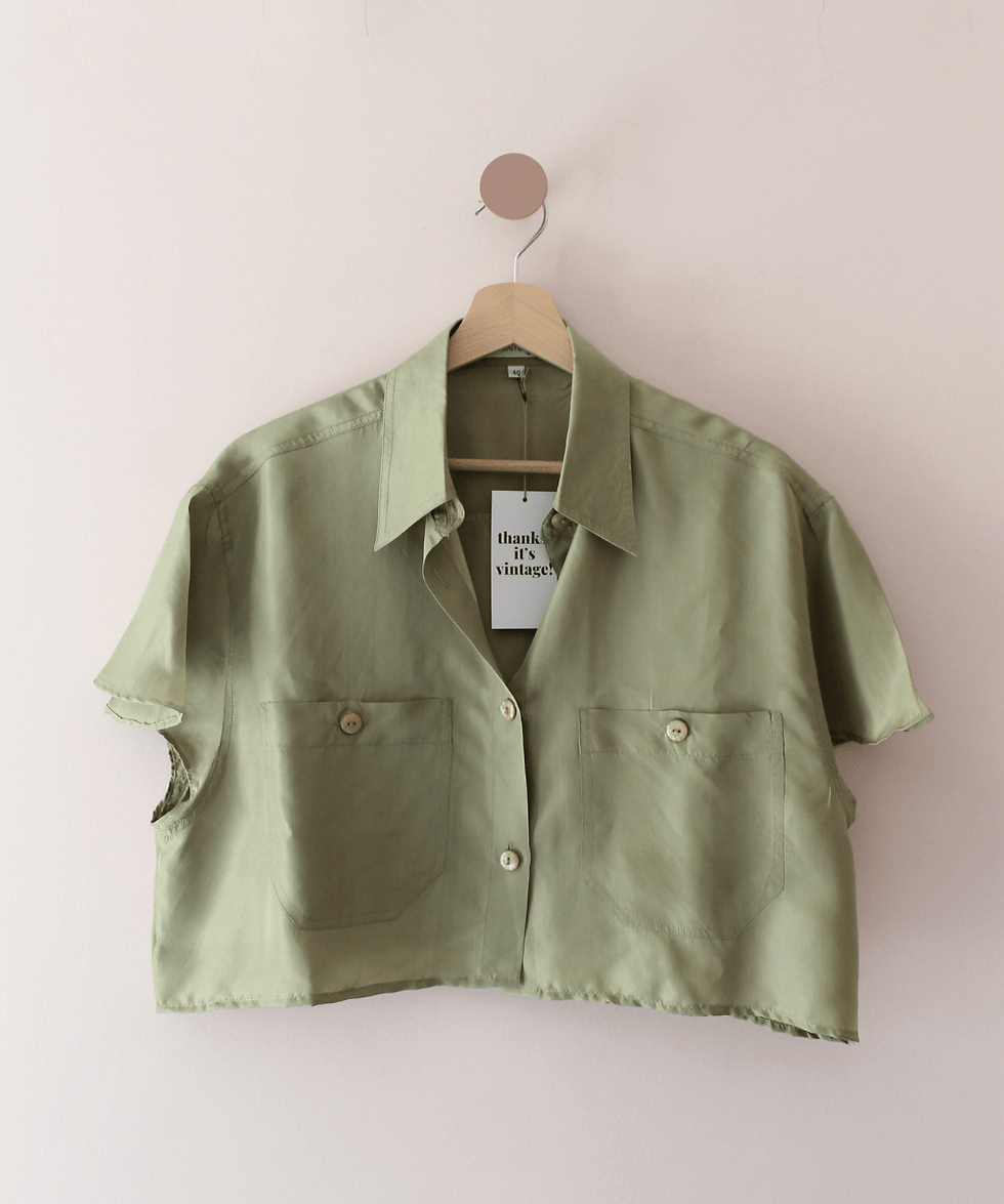 Thumbnail: 90s Reworked Silk Crop Blouse in Khaki Green - (EU48)