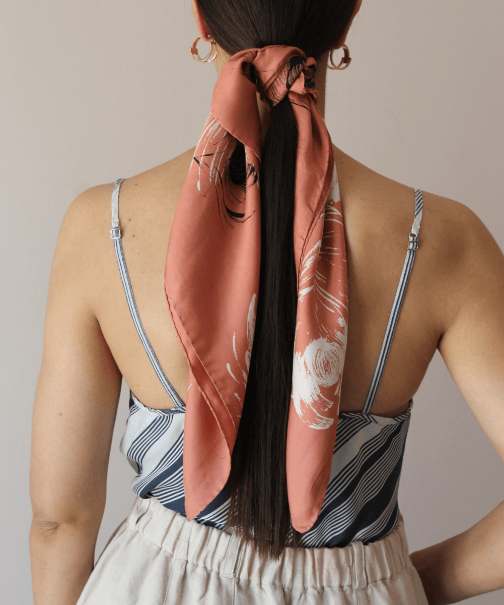 90s Handmade Silk Floral Scarf inTerracotta