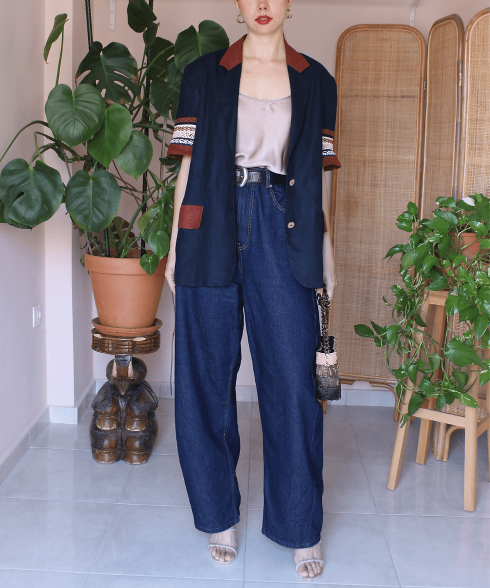 Thumbnail: 90s Vintage Statement Linen Blazer in Naby Blue (EU46)