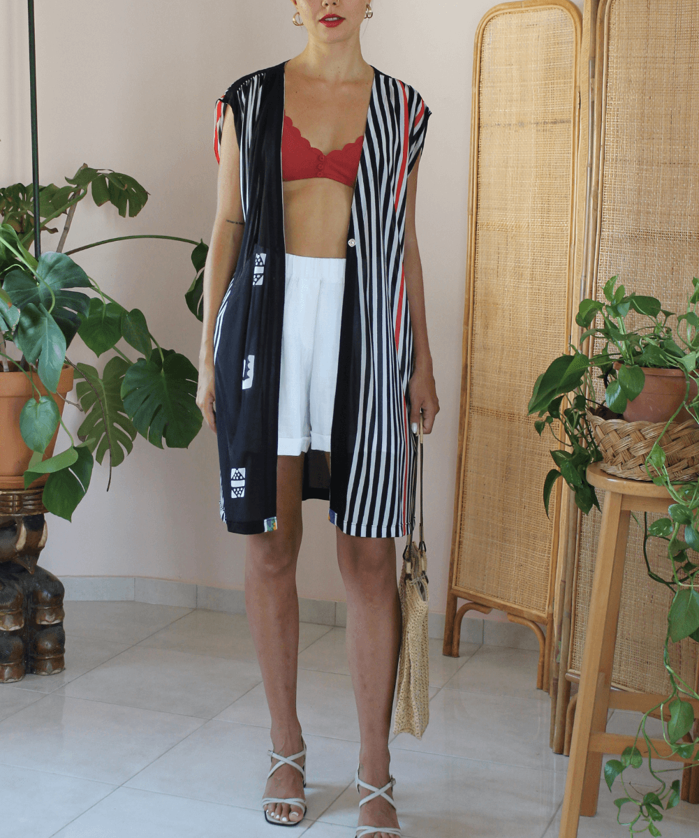 Vintage Long Cover Up in Striped Black - (EU48/free size)