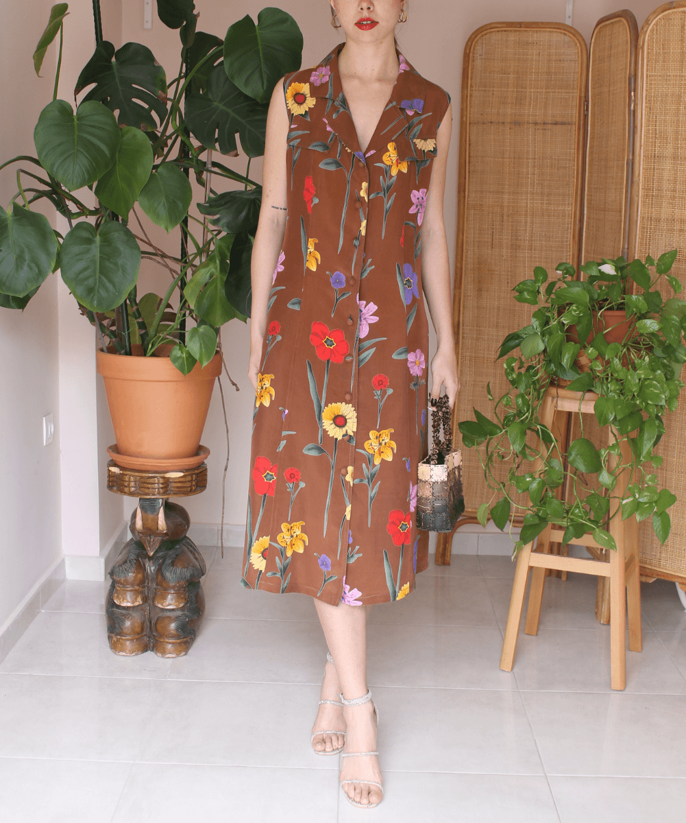 90s Vintage Long Floral Dress in Brown - (EU44)