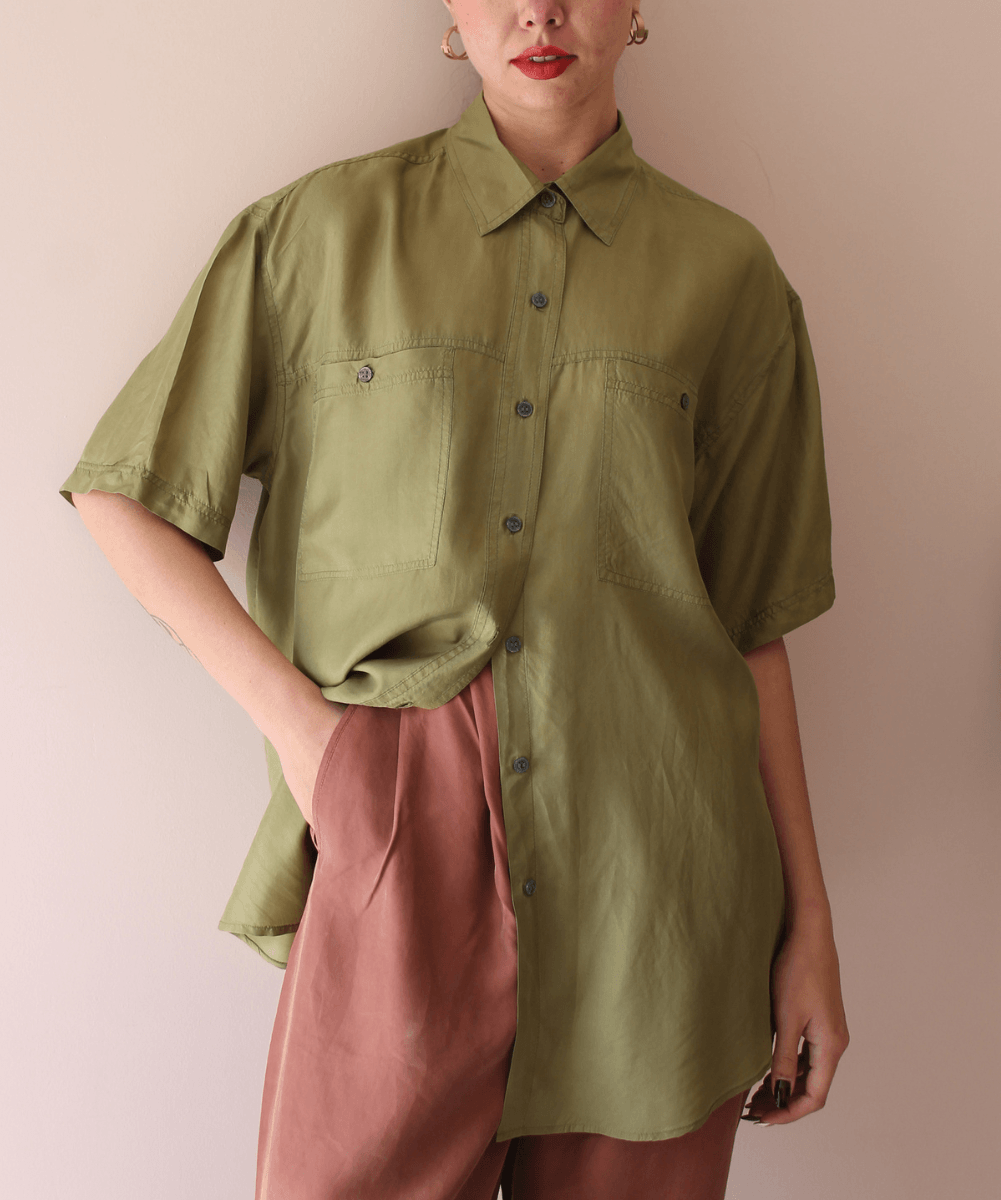 90s Vintage Unisex Silk Shirt in Khaki Green - (EU48)