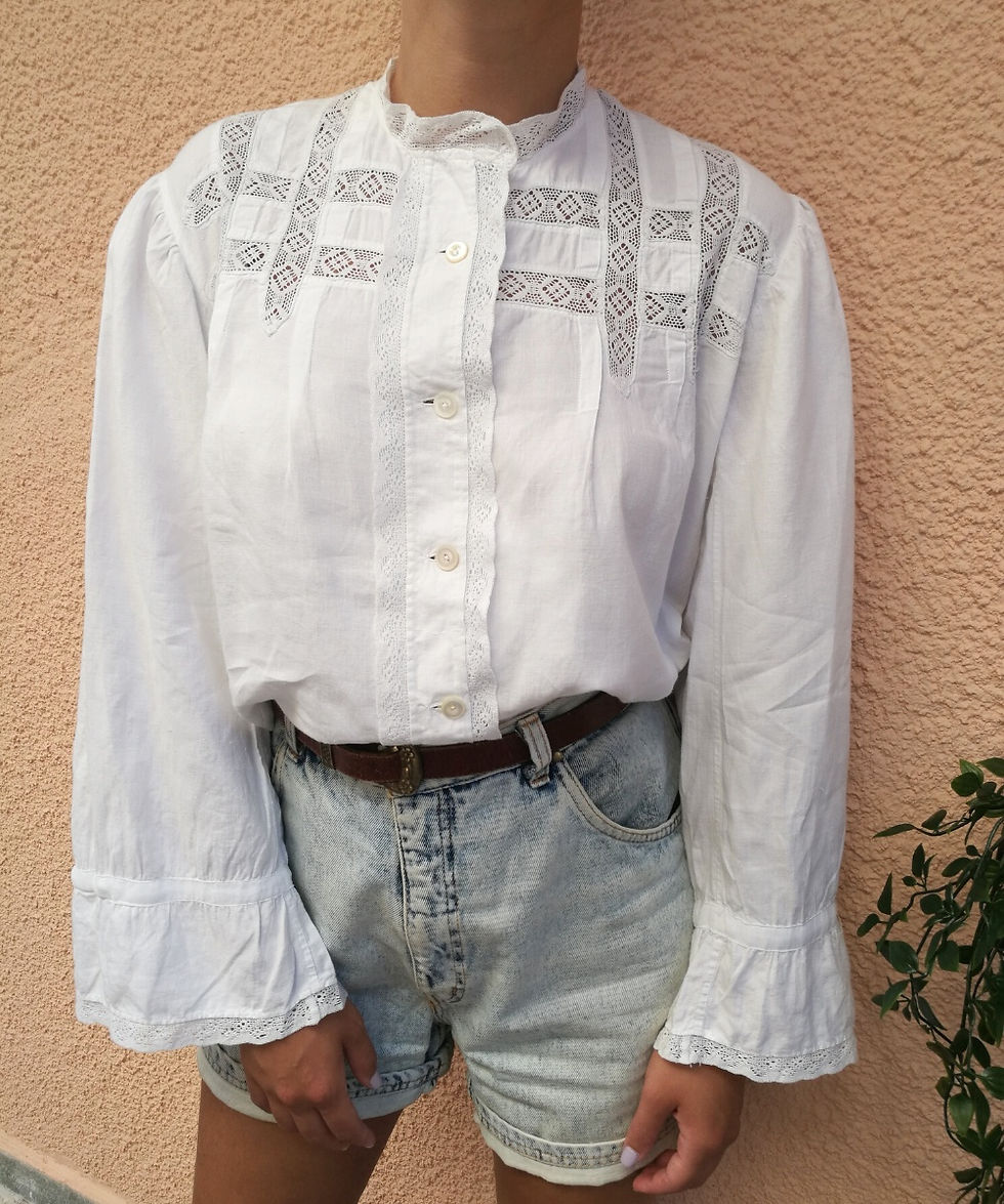 Vintage Embroidered Blouse in White with Bell Sleeves