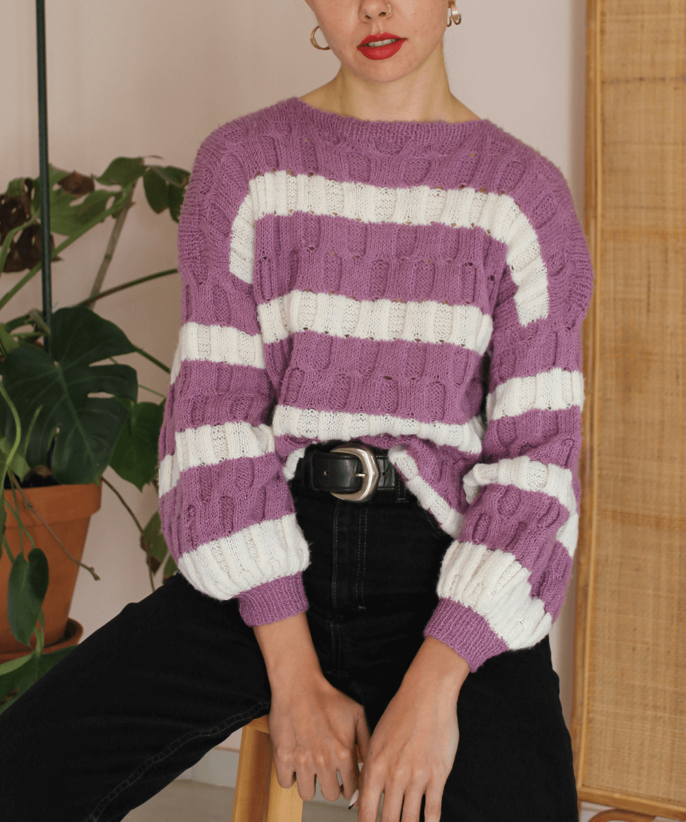 Vintage Handknit Pullover in Striped Purple - (EU48)