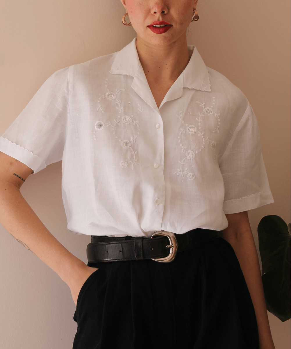 90s Vintage Hand Embroidered Linen Blouse - (EU46)
