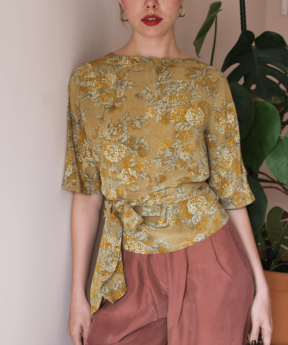 90s Handmade Tie Front/Back Floral Blouse - (One Size)