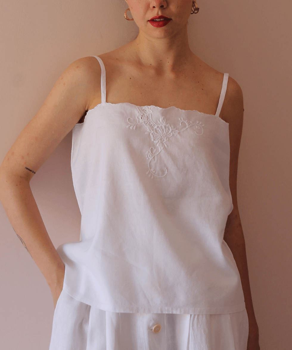 Thumbnail: 90s Hand-embroidered Linen Camisole in White - (EU40-42)