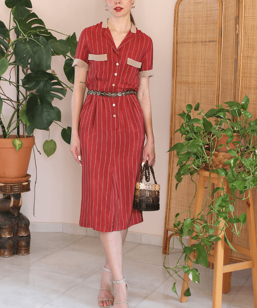 Thumbnail: 90s Silk PinStripe Dress in Burgundy - (EU38)