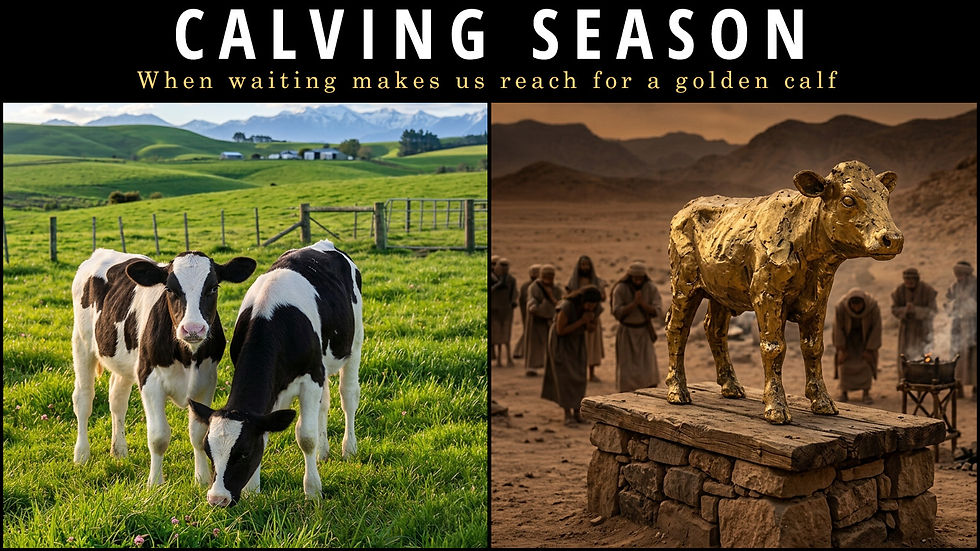 Split image titled ‘Calving Season’: young black-and-white calves graze in a green New Zealand pasture on the left, while a golden calf idol stands on a stone altar in a desert scene on the right.