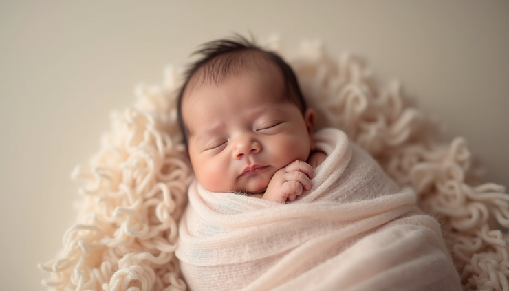 Eye-level view of a newborn baby wrapped in a soft blanket during a photoshoot