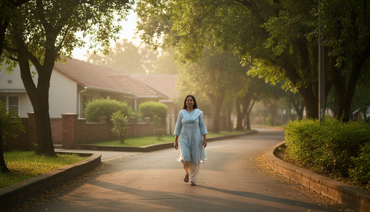 Wide-angle view of a woman walking on a quiet neighbourhood path in the morning