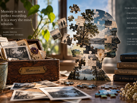 Puzzle-shaped human profile assembled from fragmented photographs and memories, representing how the mind reconstructs the past and builds a sense of identity.
