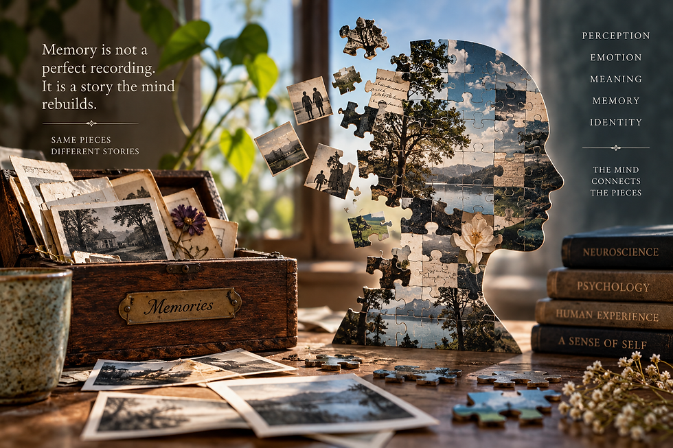 Puzzle-shaped human profile assembled from fragmented photographs and memories, representing how the mind reconstructs the past and builds a sense of identity.