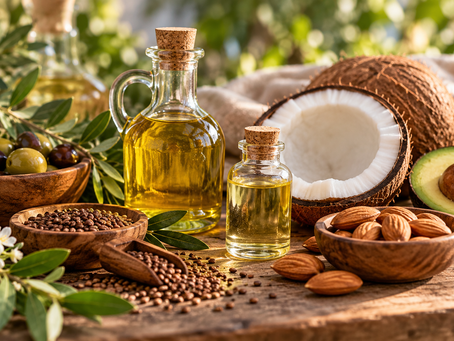 Natural carrier oils in glass bottles surrounded by coconut, avocado, almonds, olives and seeds used for aromatherapy dilution.