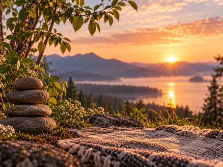 Peaceful meditation space with stacked stones and a woven mat overlooking a quiet lake, representing stillness, attention and calming a busy mind.