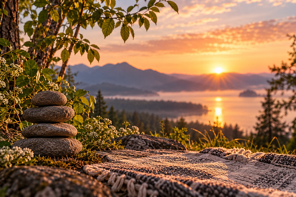 Peaceful meditation space with stacked stones and a woven mat overlooking a quiet lake, representing stillness, attention and calming a busy mind.