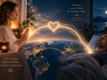 Distance Reiki illustrated by two people in different locations connected by flowing light across the Earth, representing intention, energy healing and nonlocal connection.