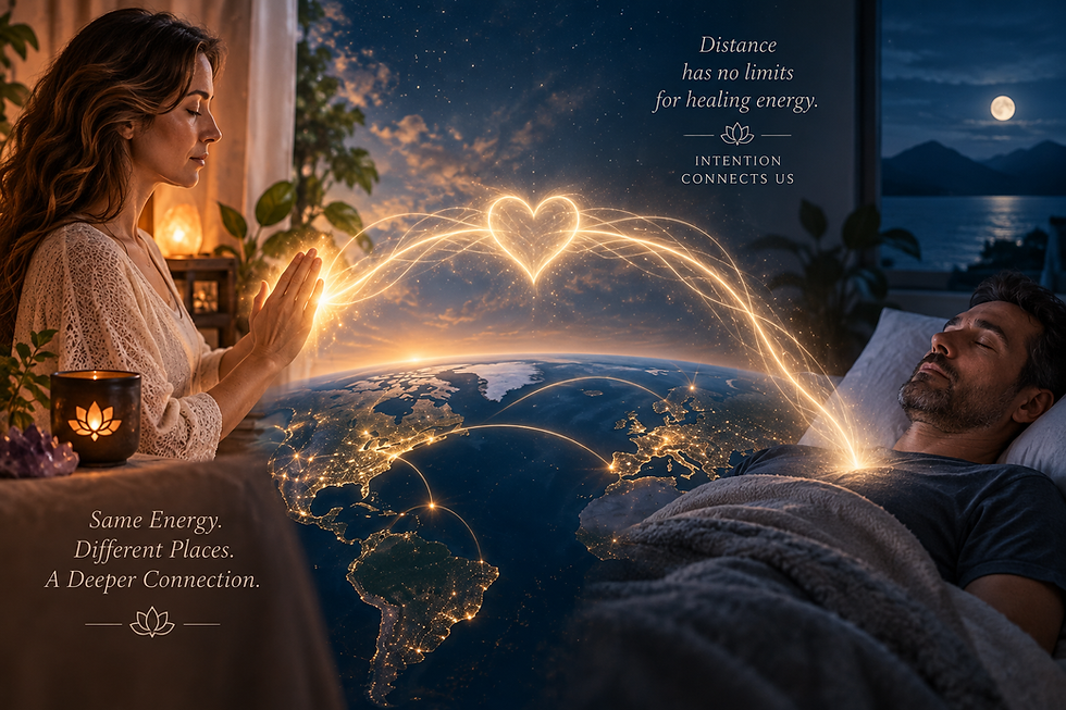 Distance Reiki illustrated by two people in different locations connected by flowing light across the Earth, representing intention, energy healing and nonlocal connection.