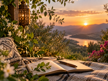 Quiet outdoor reflection space overlooking a distant landscape, representing self-inquiry, contemplation and looking inward for deeper understanding.