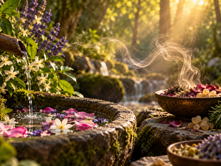 Aromatic flowers, herbs and resins releasing fragrant vapor beside a flowing woodland water basin, representing how natural scents can influence mood and emotion.