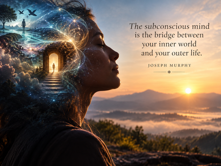 Surreal portrait representing the subconscious mind, with inner landscapes, light and pathways symbolizing hidden beliefs, imagination and inner awareness