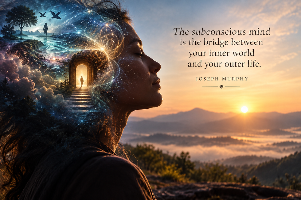 Surreal portrait representing the subconscious mind, with inner landscapes, light and pathways symbolizing hidden beliefs, imagination and inner awareness