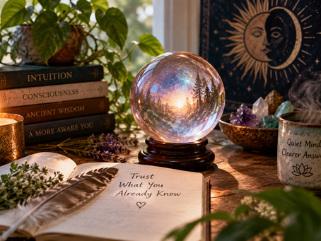 Mystical still life with a glowing crystal sphere, journal, candle, books, and crystals representing inner knowing, intuition, awareness, and self-reflection