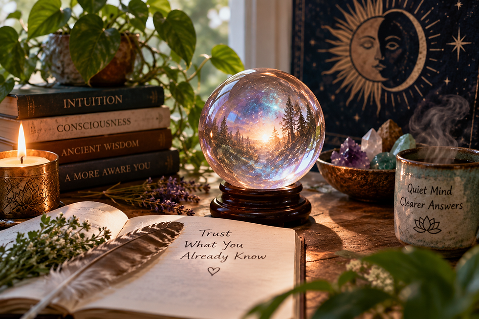 Mystical still life with a glowing crystal sphere, journal, candle, books, and crystals representing inner knowing, intuition, awareness, and self-reflection