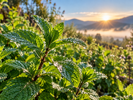 Fresh peppermint leaves covered in morning dew growing outdoors in cool early sunlight, representing peppermint’s crisp and refreshing qualities.
