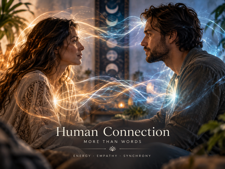 Two people facing each other with flowing light between them representing human energy, empathy, connection and synchrony.