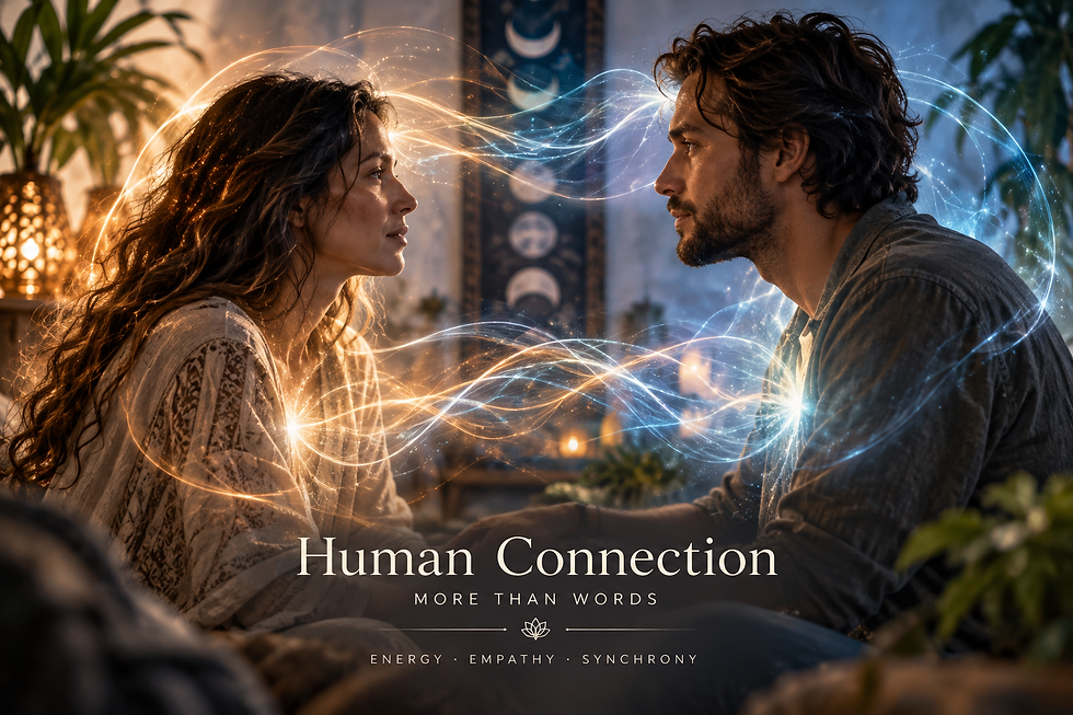 Two people facing each other with flowing light between them representing human energy, empathy, connection and synchrony.