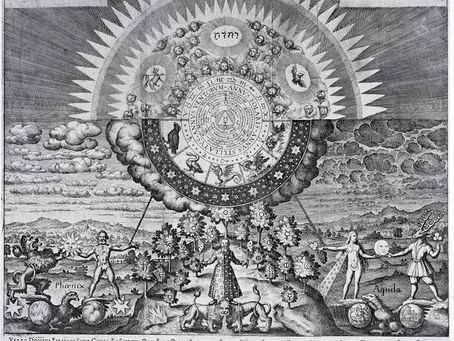 1618 Hermetic alchemical engraving by Matthäus Merian depicting the macrocosm and microcosm and the Hermetic principle “as above, so below