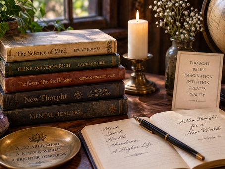 Vintage desk with New Thought books, journal and candle representing the historical roots of manifestation and mind-power teaching