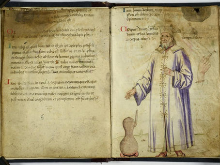 Medieval depiction of Hermes Trismegistus as the Father of the Philosophers, representing the legendary teacher associated with Hermetic wisdom, philosophy, and alchemy