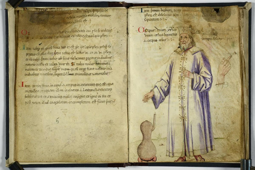 Medieval depiction of Hermes Trismegistus as the Father of the Philosophers, representing the legendary teacher associated with Hermetic wisdom, philosophy, and alchemy