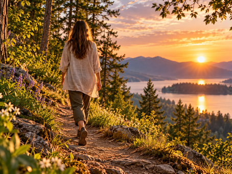 Quiet woodland path beside a lake at sunset, representing walking meditation, present-moment awareness and mindful movement through nature.