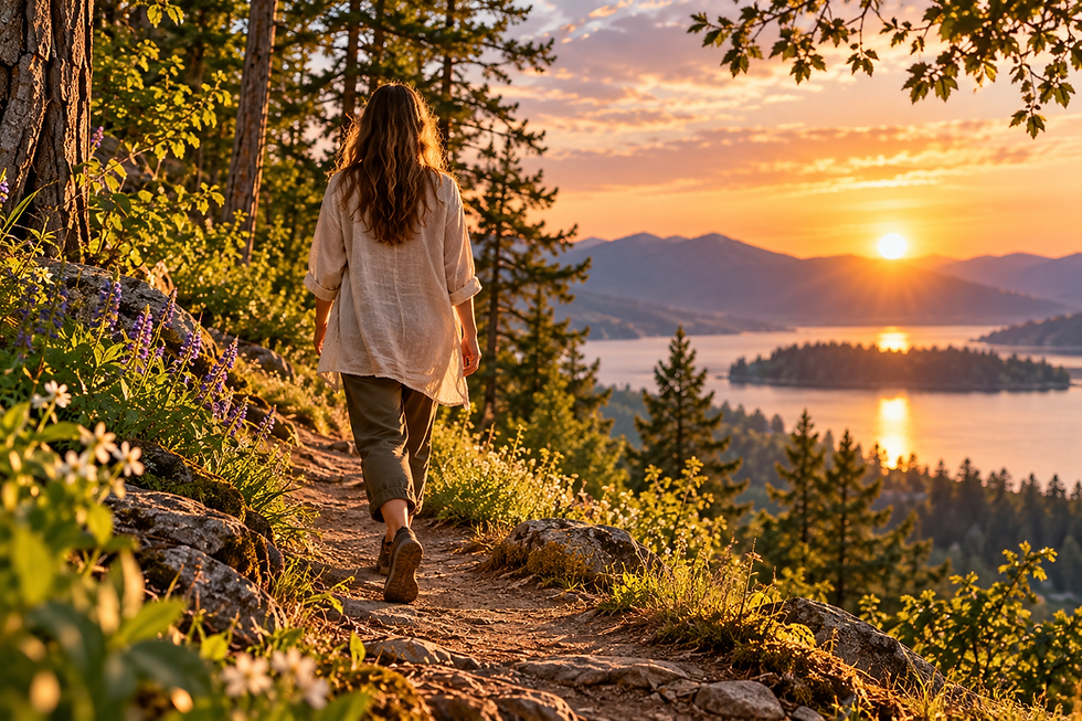 Quiet woodland path beside a lake at sunset, representing walking meditation, present-moment awareness and mindful movement through nature.
