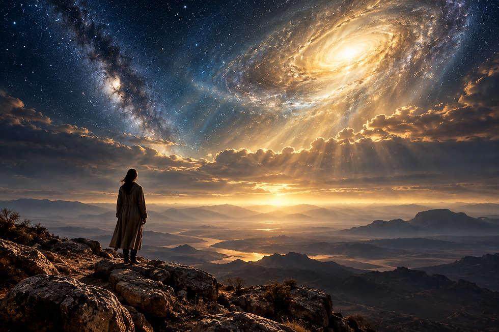 Symbolic figure beneath layers of light representing the Gnostic search for reality beyond the material world