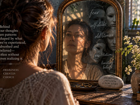 Woman looking into a mirror surrounded by symbolic masks representing unconscious beliefs, old stories, expectations and patterns that can shape how we see ourselves.