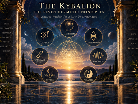 Symbolic illustration of The Kybalion’s seven Hermetic principles arranged around sacred geometry, representing mentalism, correspondence, vibration, polarity, rhythm, cause and effect, and gender