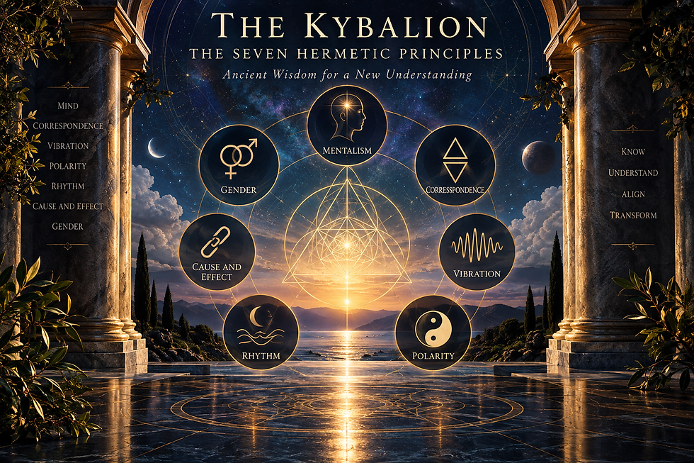 Symbolic illustration of The Kybalion’s seven Hermetic principles arranged around sacred geometry, representing mentalism, correspondence, vibration, polarity, rhythm, cause and effect, and gender